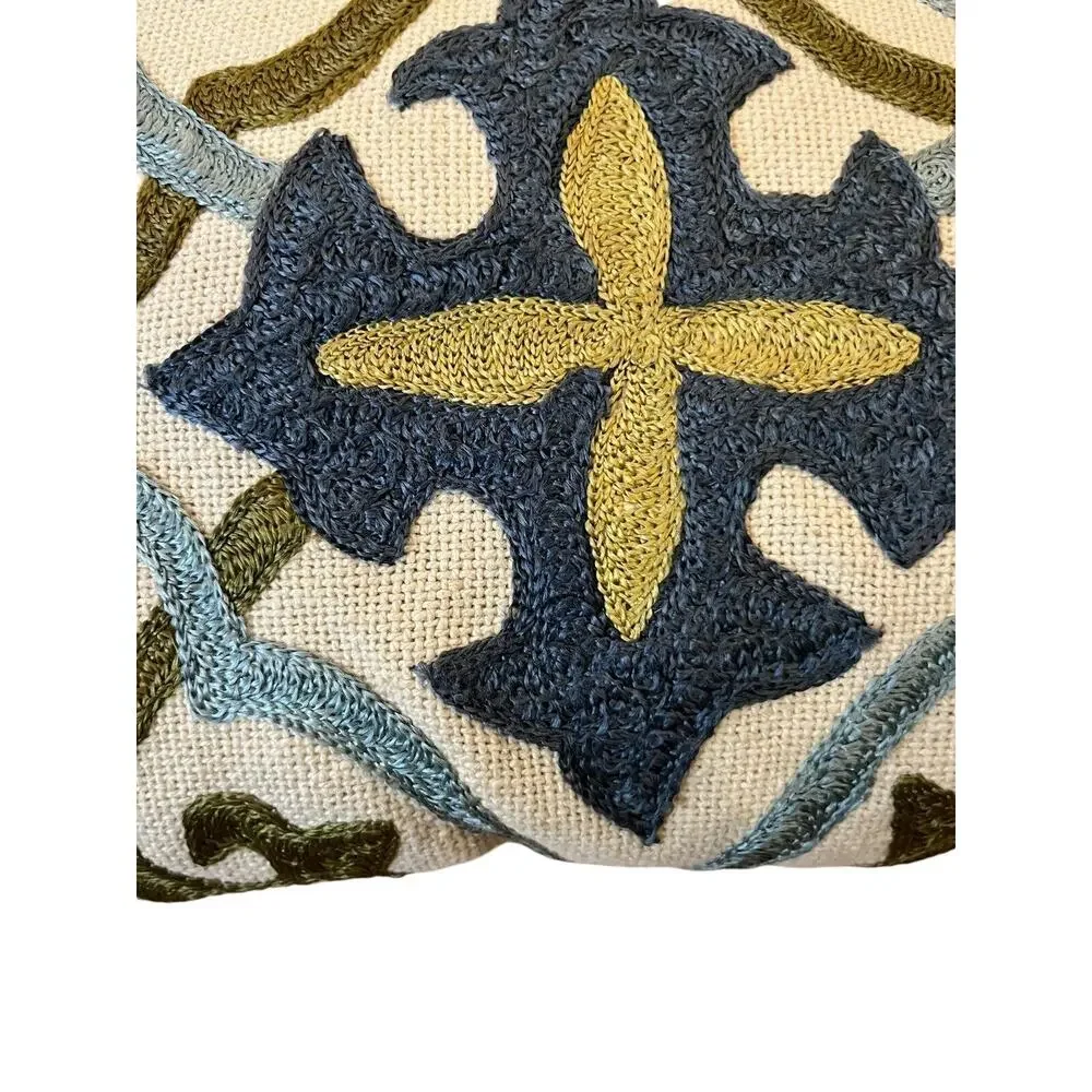 Pier One Imports Toss Pillow Embroidery Like Decor 17x17” Blue Green Beige Olive
